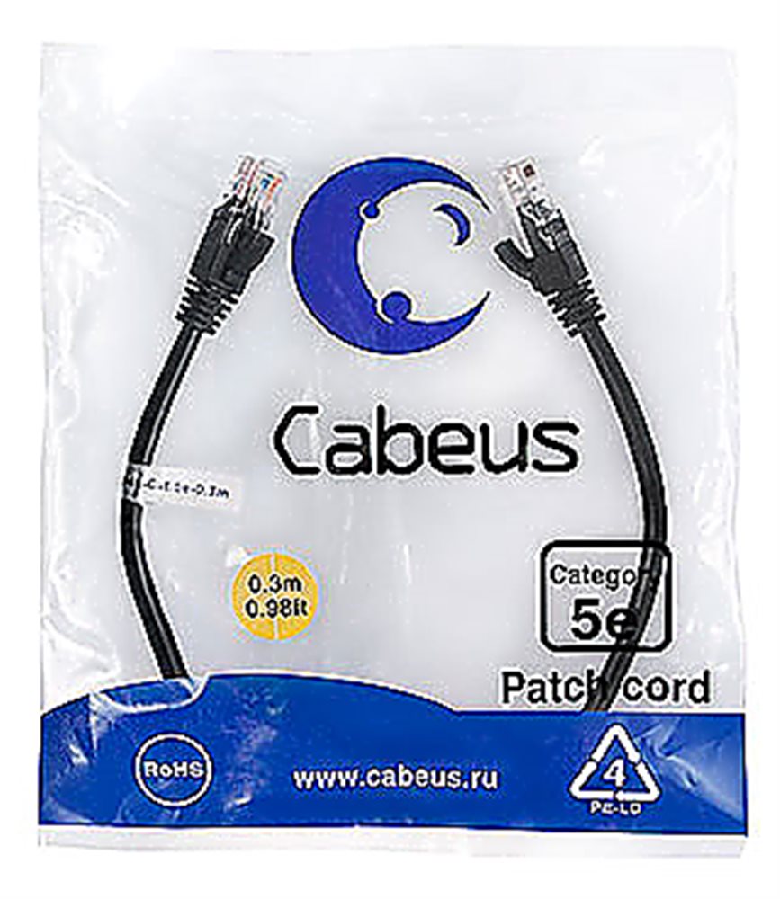 Cabeus PC-UTP-RJ45-Cat.5e-0.3m-BK-LSZH Патч-корд U/UTP, категория 5е, 2xRJ45/8p8c, неэкранированный, черный, LSZH, 0.3м