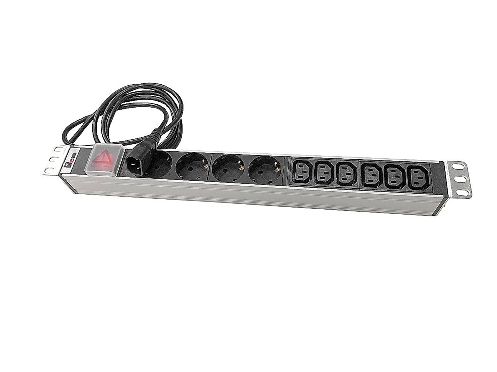 R-10-4S-6C13-V-440-1.8 - Блок розеток Rem-10 с выкл., 4 Sсhuko, 6 IEC 60320 C13, 10 A, алюм., 19", шнур 1,8 м. IEC 60320 C14