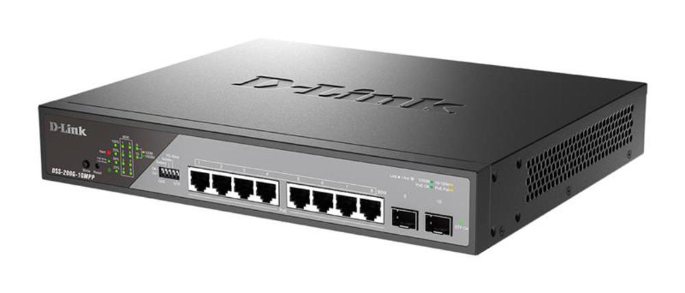 DSS-200G-10MPP/A1A - Настраиваемый L2 коммутатор с 8 портами 10/100/1000Base-T и 2 портами 1000Base-X SFP (8 портов PoE 802.3af/at/bt, PoE-бюджет 242 Вт, дальность до 250 м), D-link