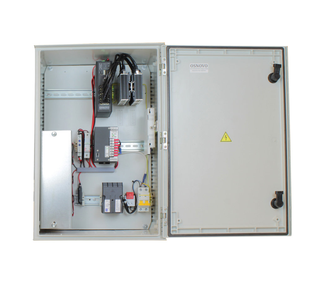 OSP-46TB3(SW-80802/ILS(port 75W)) - Уличный управляемый (L2+) коммутатор Osnovo на 10 портов с термостабилизацией, грозозащитой портов PoE, резервным питанием и функцией мониторинга температуры/влажности/напряжения на базе уличной станции OSP-46TB1. Порты