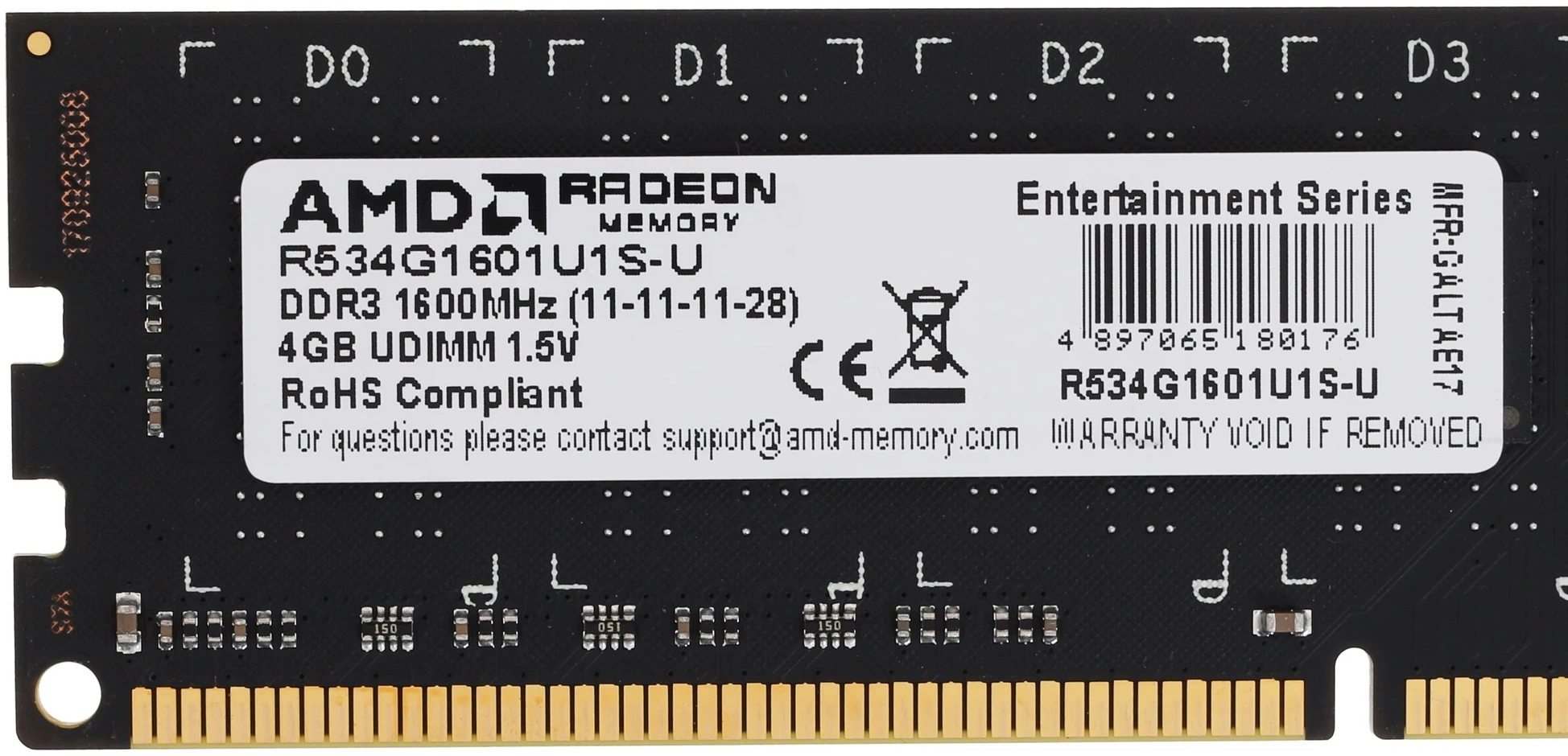 Память DDR3 4Gb 1600MHz AMD R534G1601U1S-U RTL PC3-12800 CL11 DIMM 240-pin 1.5В Ret