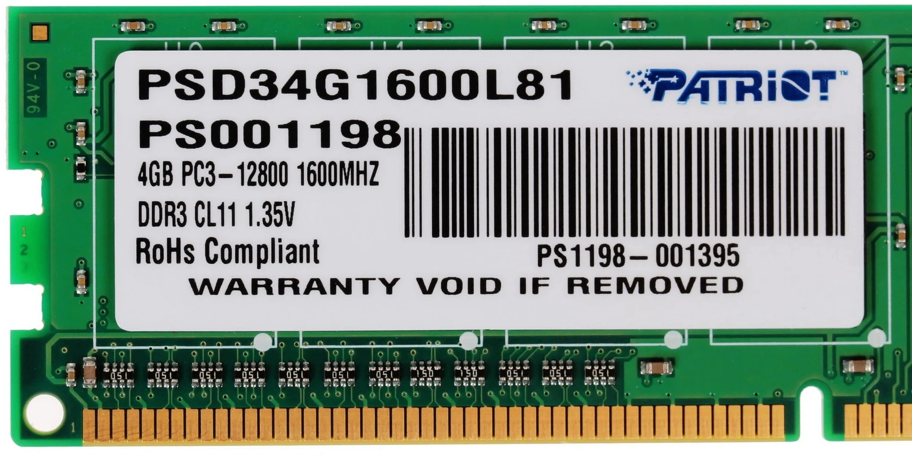 Память DDR3L 4Gb 1600MHz Patriot PSD34G1600L81 Signature RTL PC3-12800 CL11 DIMM 240-pin 1.35В single rank Ret