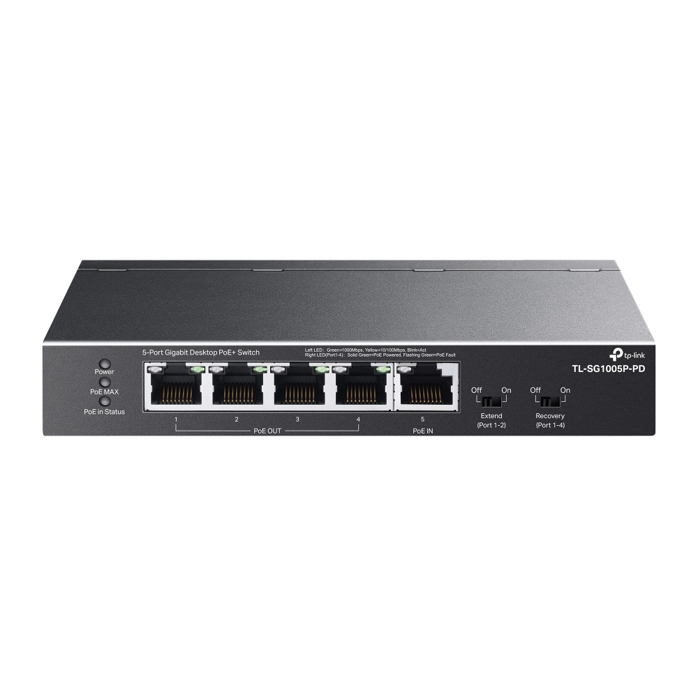 TL-SG1005P-PD0 - Настольный коммутатор с 5 гигабитными портами (1 порт с входящим PoE++, 4 порта с исходящим PoE+)