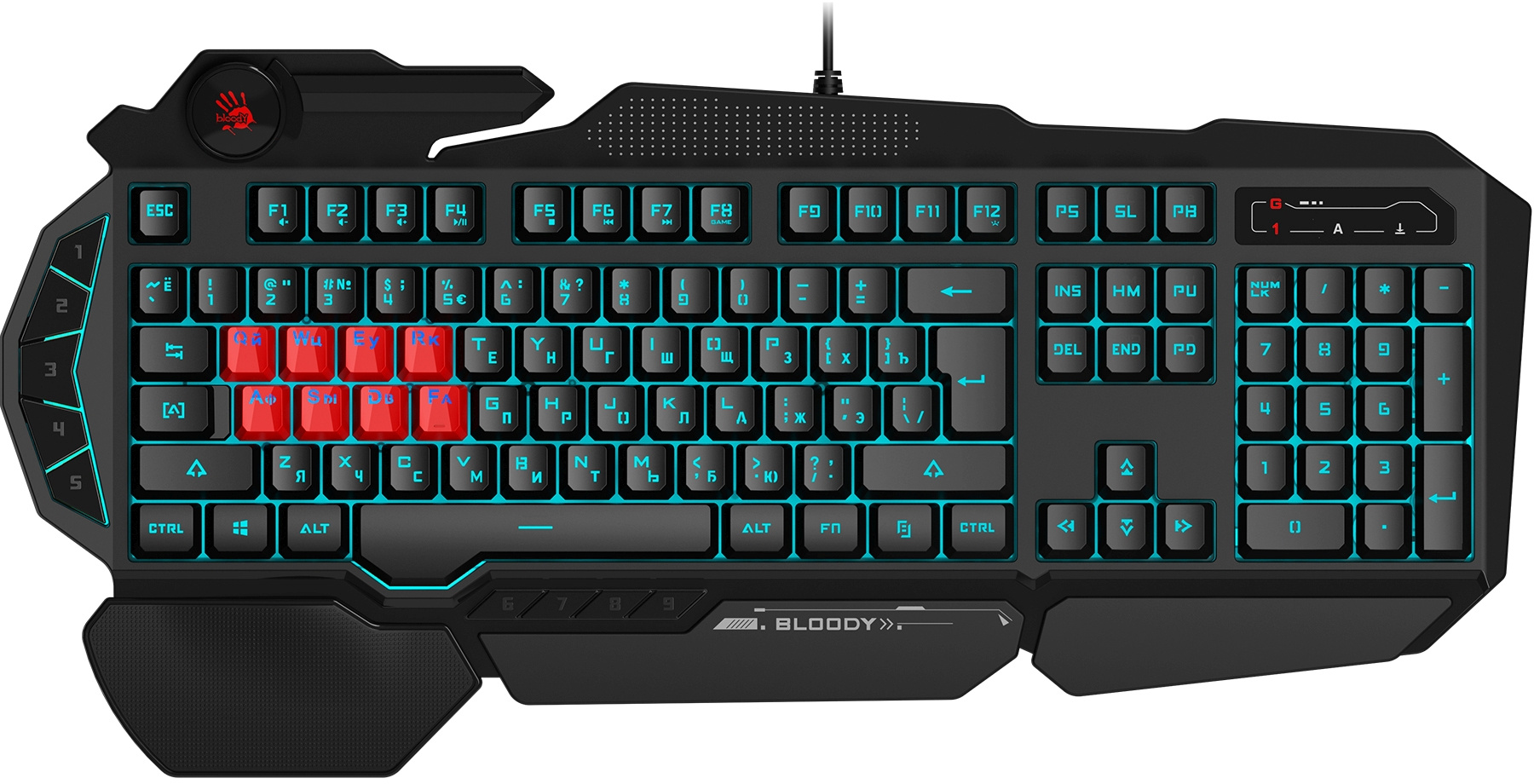 Клавиатура A4Tech B318 черный USB Multimedia for gamer LED (подставка для запястий) кабель 1.8м