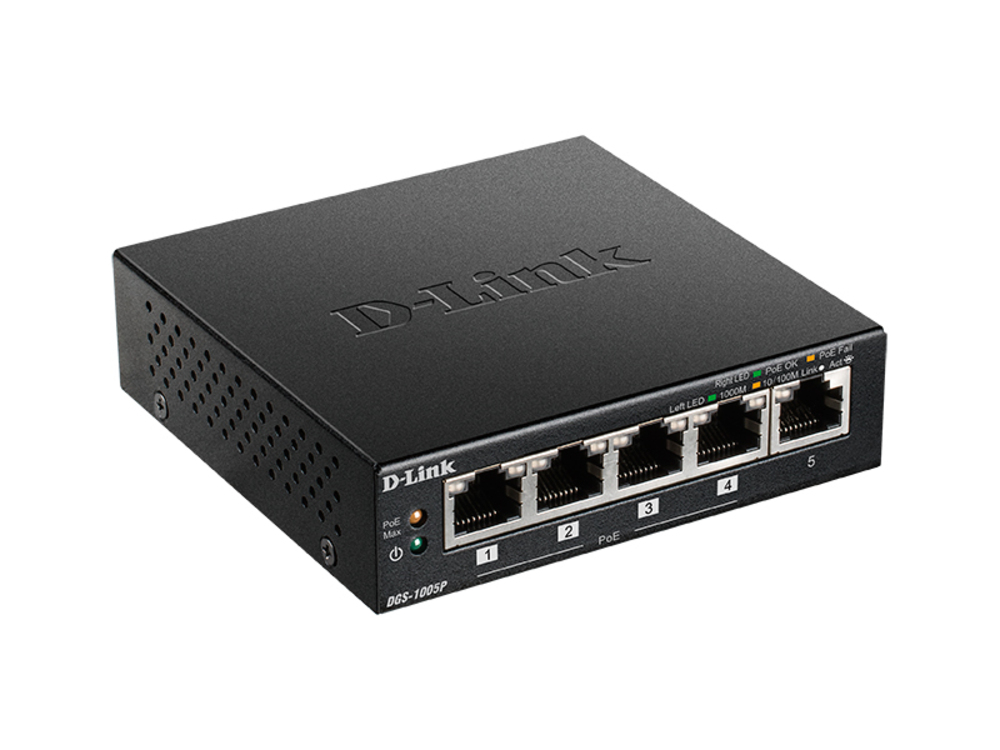 DGS-1005P/L (ревизия A1) - Неуправляемый коммутатор D-Link с 5 портами 10/100/1000Base-T (4 порта PoE 802.3af/at, PoE-бюджет 60 Вт)
