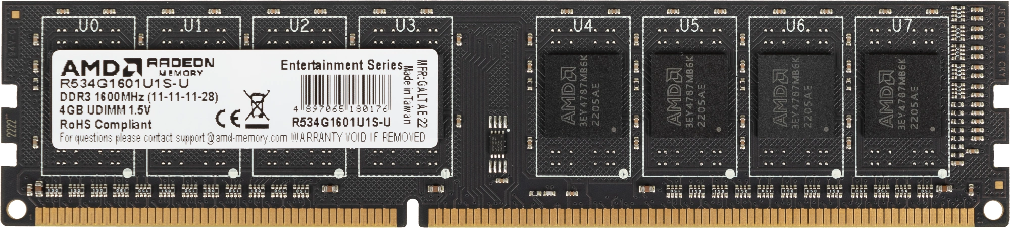 Память DDR3 4Gb 1600MHz AMD R534G1601U1S-U RTL PC3-12800 CL11 DIMM 240-pin 1.5В Ret