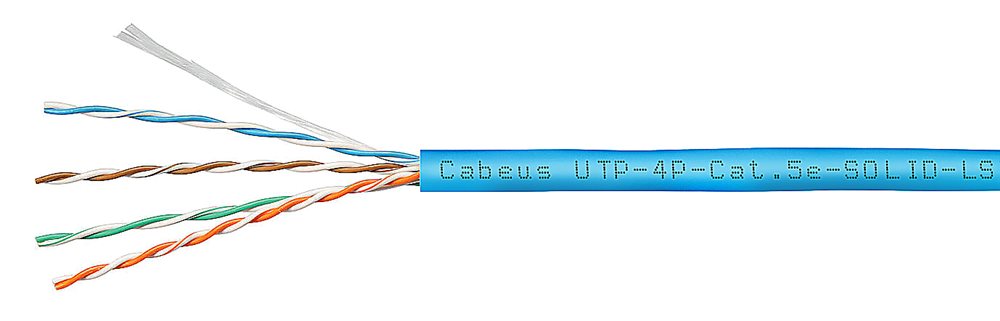 Cabeus UTP-4P-Cat.5e-SOLID-LSZH-BL - Кабель витая пара UTP (U/UTP), категория 5e, 4 пары (24 AWG), одножильный, синий, LSZH (Low Smoke Zero Halogen) (305 м), системная гарантия 25 лет.