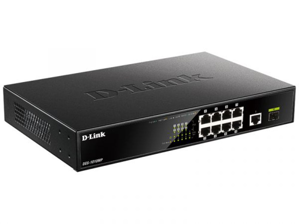 DGS-1010MP/A1A Неуправляемый коммутатор D-Link с 9 портами 10/100/1000Base-T, 1 портом 1000Base-X SFP, функцией энергосбережения и поддержкой QoS (8 портов с поддержкой PoE 802.3af/802.3at (30 Вт)