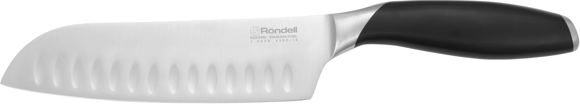 Нож кухонный Rondell Gasta RD-1866 стальной сантоку для измельчения лезв.178мм прямая заточка черный блистер