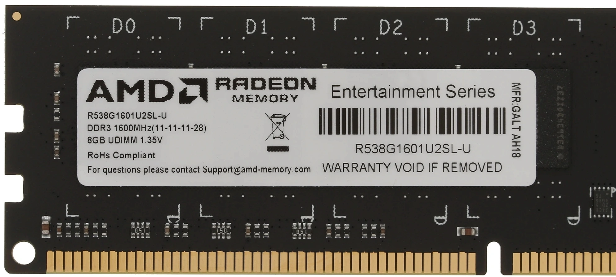 Память DDR3L 8Gb 1600MHz AMD R538G1601U2SL-U RTL PC3-12800 CL11 DIMM 240-pin 1.35В Ret