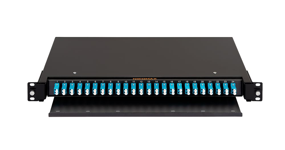 NMF-RP48LCUS2-TS-P1-1U-BK - Кросс NIKOMAX19", Premium Line, 1U, укомплектованный на 48 портов, (24 двойных LC/UPC адаптеров), SM 9/125 OS2, выдвижной, черный.