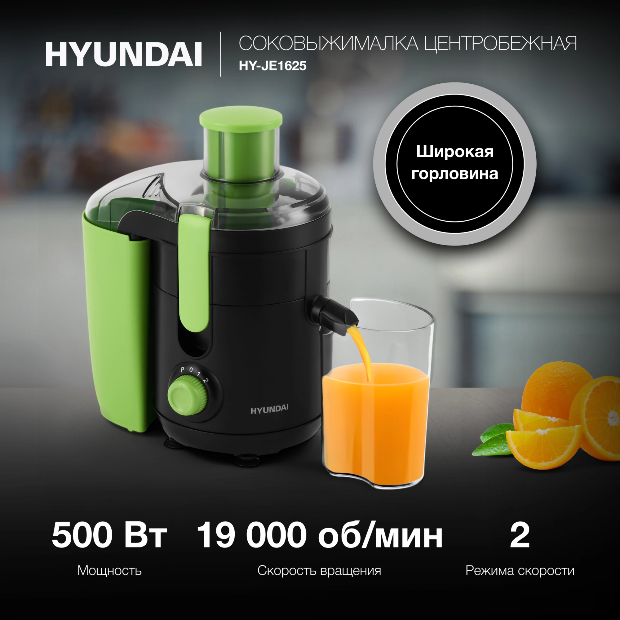 Соковыжималка центробежная Hyundai HY-JE1625 500Вт рез.сок.:450мл. черный/зеленый