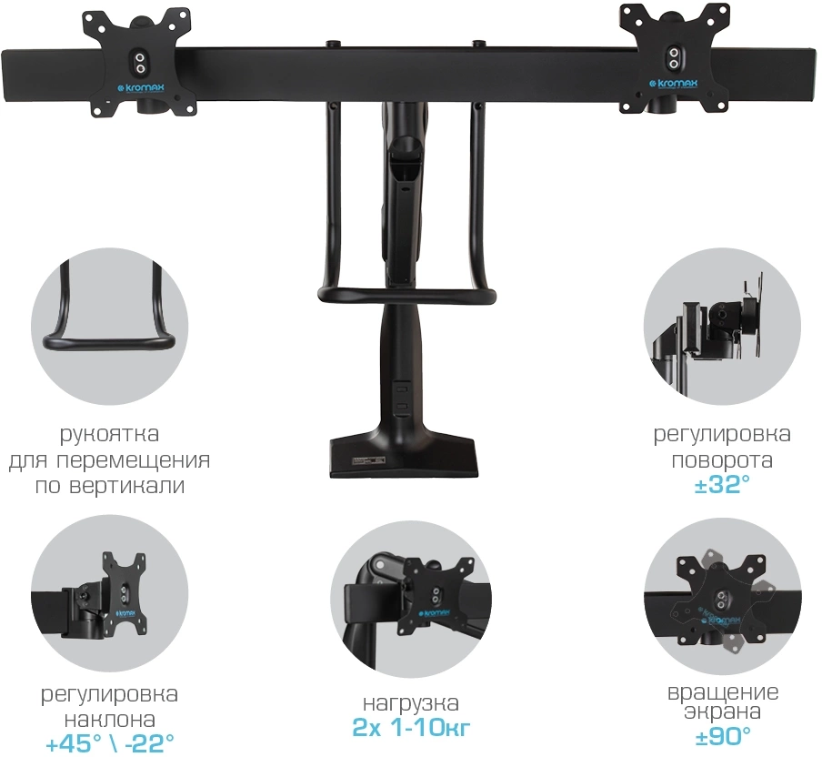 Кронштейн для мониторов Kromax OFFICE-20 черный 17"-35" макс.10кг настольный поворот и наклон