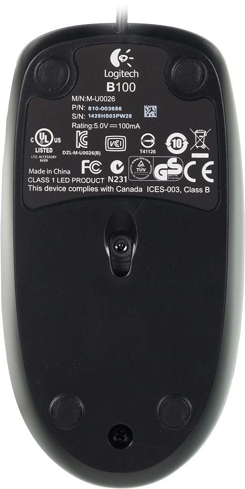 Мышь Logitech B100 черный оптическая 1000dpi USB 2but (910-003357)