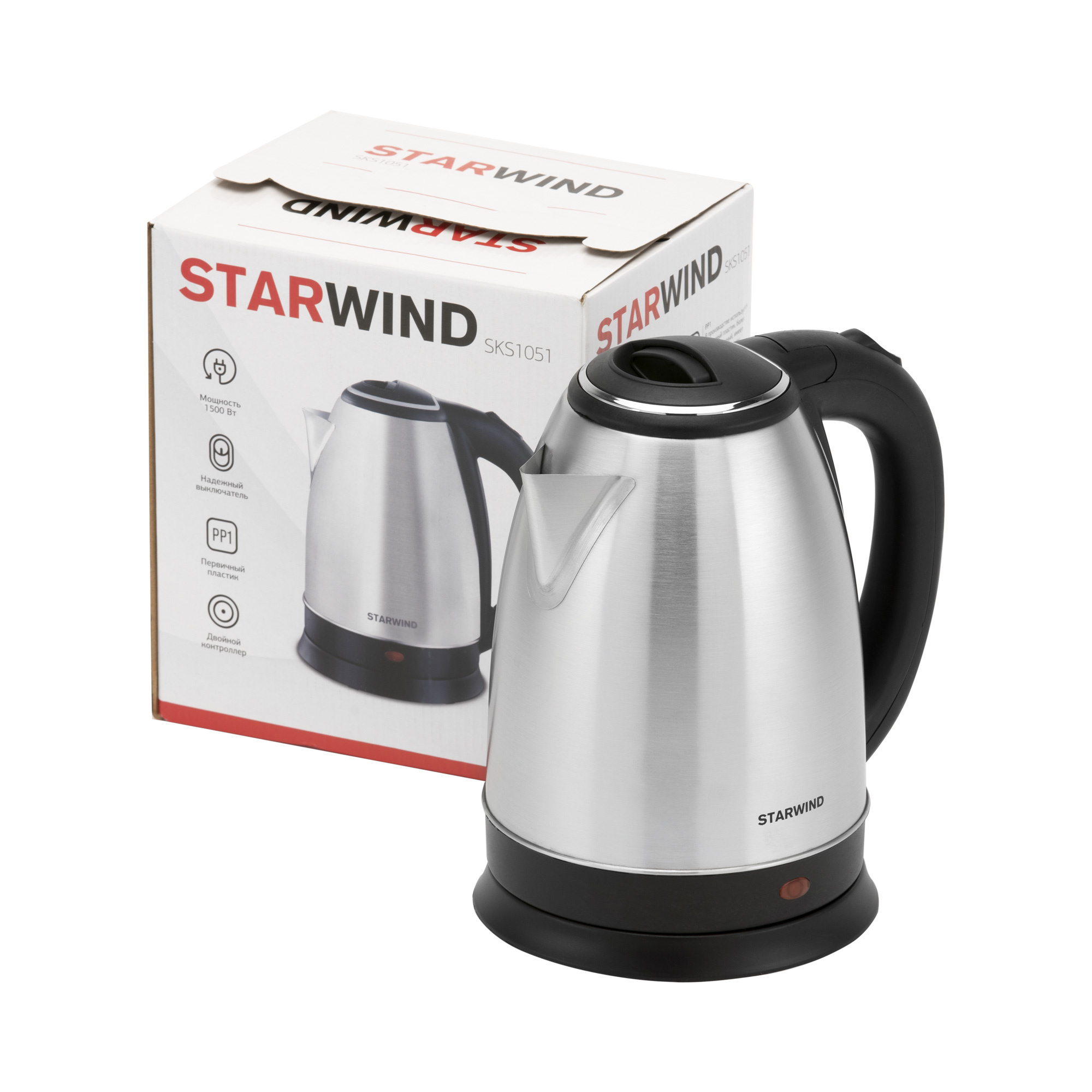 Чайник электрический Starwind SKS1051 1.8л. 1500Вт серебристый матовый/черный корпус: металл/пластик