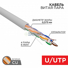 01-0067 - Кабель витая пара REXANT U/UTP, CAT 6, ZH нг(А)-HF, 4PR, 23AWG, INDOOR, SOLID, серый, 305 м
