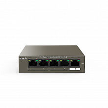 Tenda TEG1105P-4-63W - Коммутатор PoE неуправляемый, 5 портов PoE 10/100/1000 Мбит/с Base-TX RJ45. Порты 1–4 стандарта IEEE 802.3af/at (мощность PoE до: 30 Вт). Бюджет PoE 58 Вт, грозозащита портов 6 кВ.