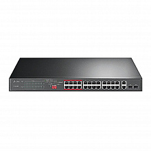 TL-SL1226P - 24-портовый неуправляемый 10/100 Мбит/с PoE+, бюджет PoE до 250 Вт, коммутатор с 2 гигабитными портами и 2 гигабитных комбо SFP-слота