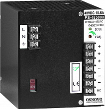 PS-48500/I - Промышленный блок питания OSNOVO. DC48V, 10,5A (500W). Диапазон входных напряжений: AC195-265V. КПД: 85%. Регулировка выходного напряжения в диапазоне 44-53V. Защита от короткого замыкания, перенапряжения и перегрузки.