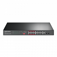 MS118CP - 18-портовый коммутатор 10/100 Мбит/с + 2 гигабитных порта и с 16 портами PoE+. Порты: 16 ? портов 10/100 Мбит/с RJ45 PoE+, 2 ? гигабитных порта без PoE и 2 ? гигабитных Combo SFP слота, Mercusys