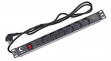 Cabeus PDU-6P-F-2EU - Блок евророзеток для 19" шкафов, горизонтальный, 6 розеток, фильтр, 16 A, выключатель, шнур 2м, алюминиевый корпус, немецкий стандарт