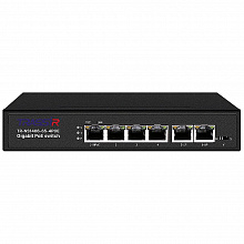 TR-NS1406-65-4POE - Неуправляемый коммутатор TRASSIR с 4 PoE портами (10/100/1000 Мбит/с (Base-T)), 2 Uplink (10/100/1000 Мбит/с (Base-T)), стандарты PoE EEE802.3af, EEE802.3at, EEE802.3bt, максимальная мощность на порт 60Вт, общая - 65 Вт