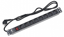 Cabeus PDU-8P-2EU Блок евророзеток для 19" шкафов, горизонтальный, 8 розеток, 16 A, выключатель, шнур 2м, алюминиевый корпус, немецкий стандарт