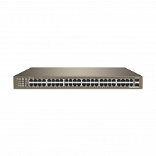 Tenda TEG1050F - Коммутатор неуправляемый, 48 портов 10/100/1000 Base-T + 2 порта 1000 Base-X SFP. Скорость полнодуплексной передачи может достигать 2000 Мбит/с, грозозащита портов 6 кВ.
